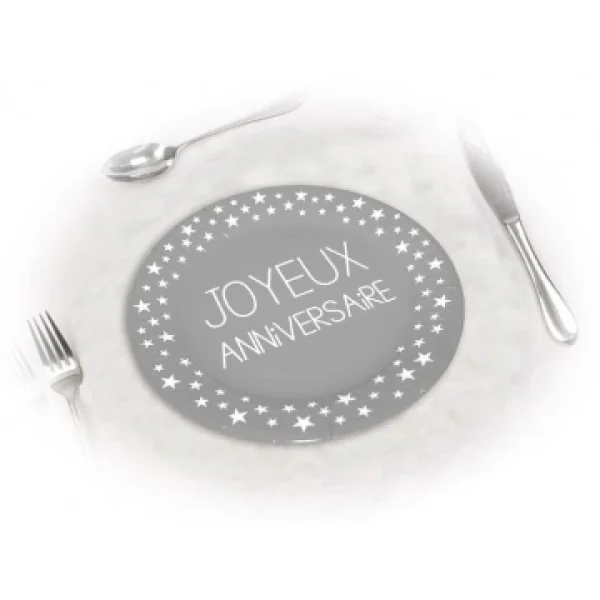 Lot De 6 Assiettes Anniversaire Gris Perle D 23 Cm pas cher en vente 1